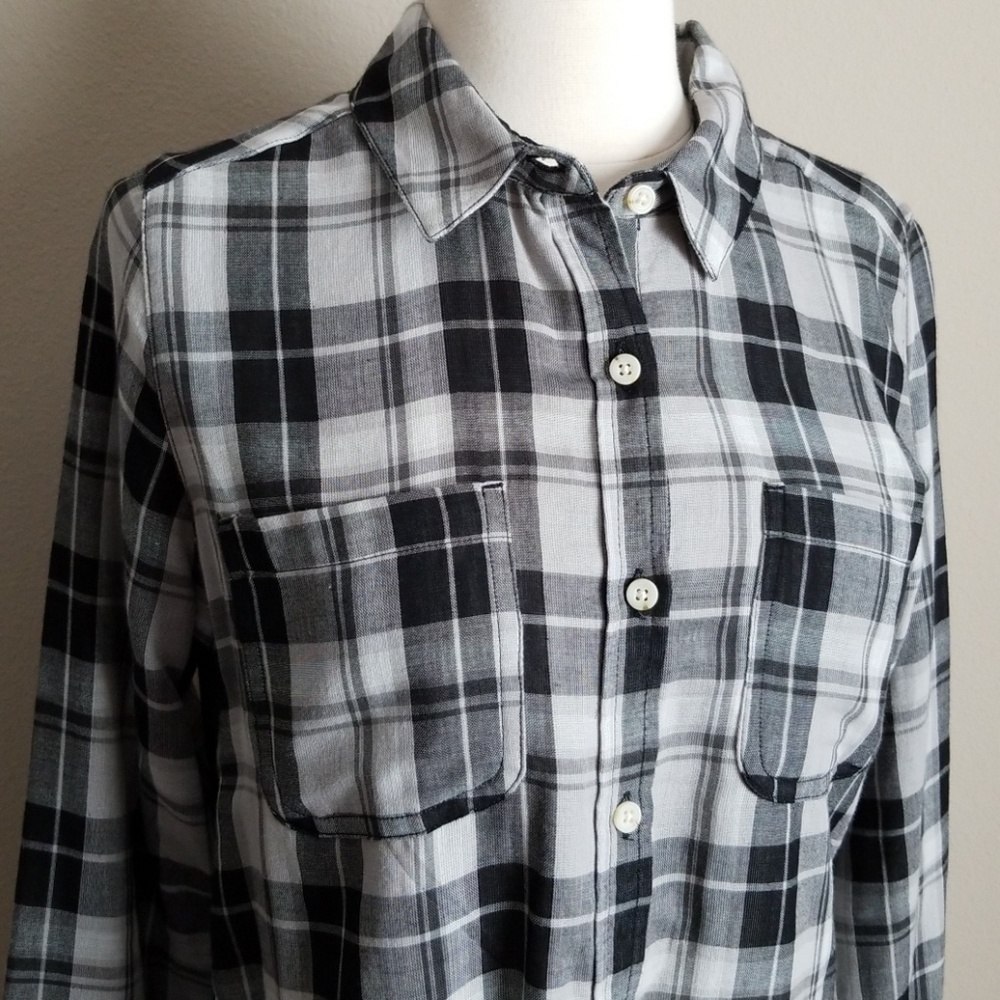 Black & grey plaid button down with elbow patches